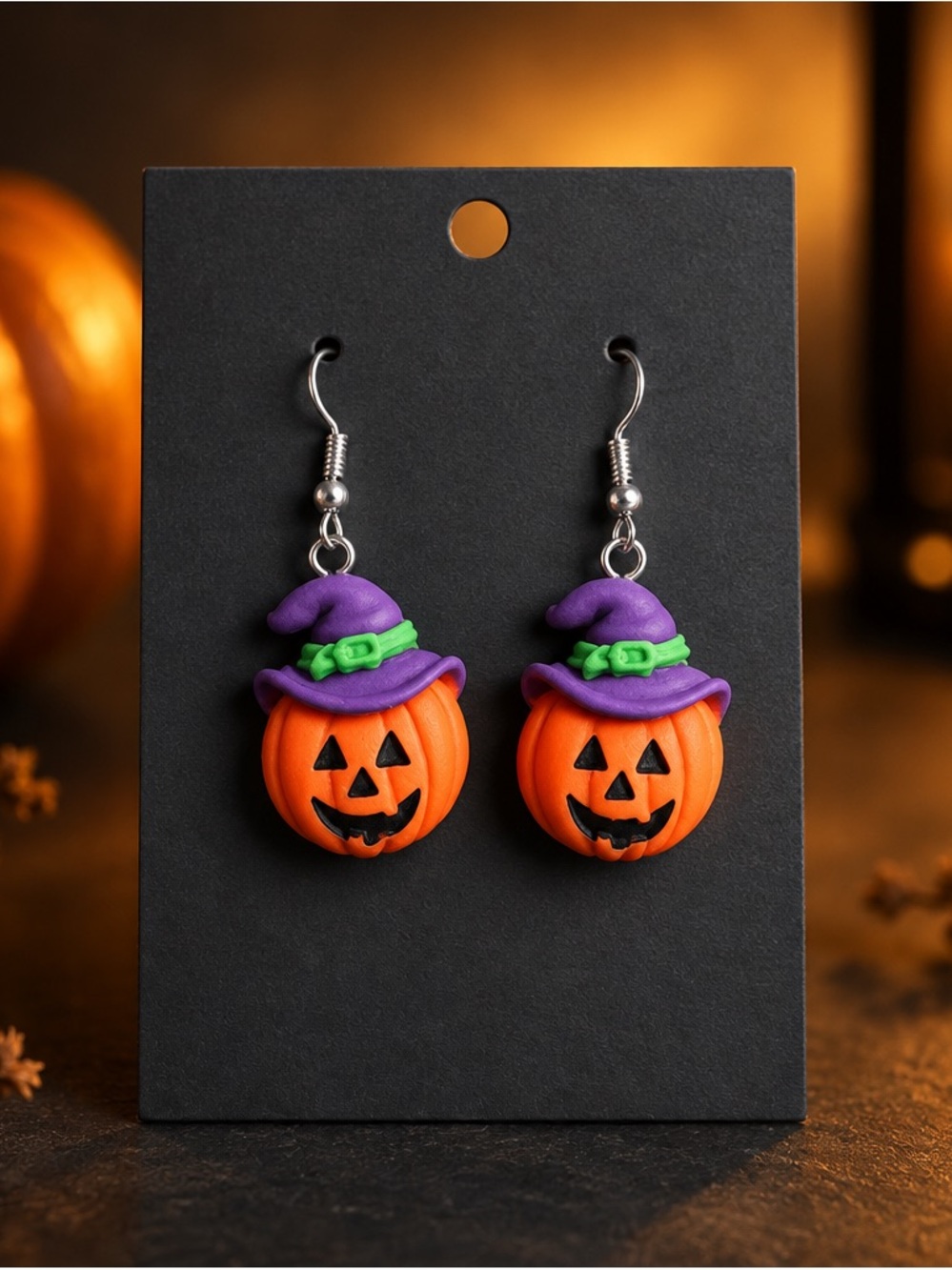 Fashion Jewelry Orange Pumpkin Jack-o'-Lantern Earrings with Purple Hats